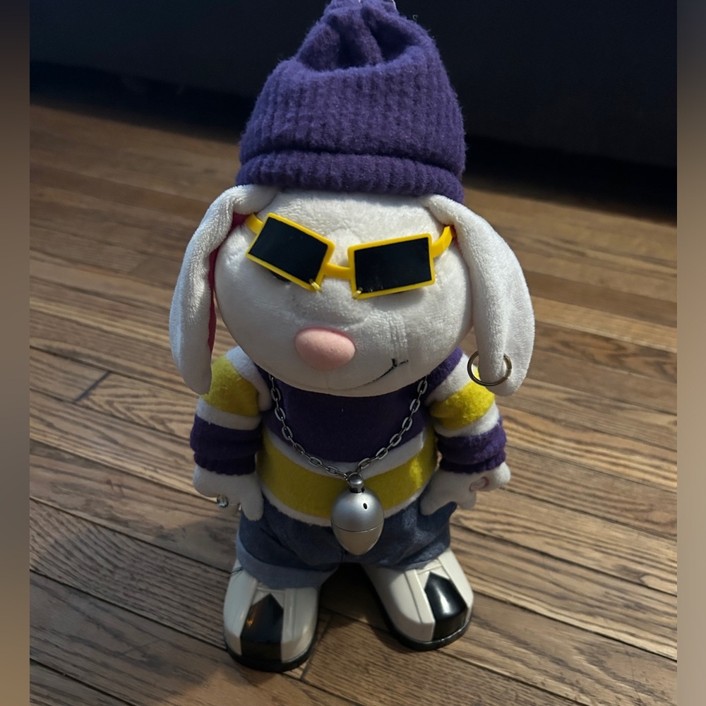 Vintage Dancing and Singing Bunny Plush with Purple Beanie